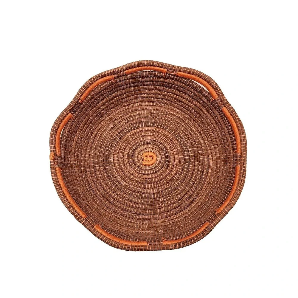 Handwoven Honduran Pine Needle Basket Round Coiled Scalloped Rim Colorful Boho
